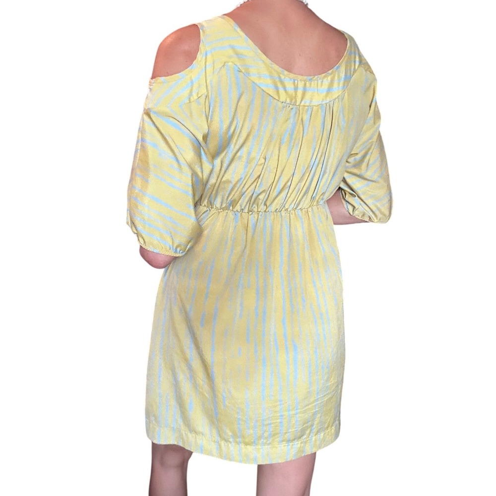 Traciel Womens Yellow Blue Striped Cold Shoulder Empire Waist Mini Dress Large - Picture 2 of 9